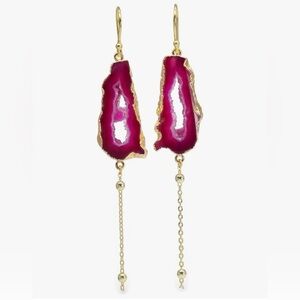 NWT Pink Agate Geode Druzy Dangle Earrings – Gold Tone Boho Statement Jewelry!